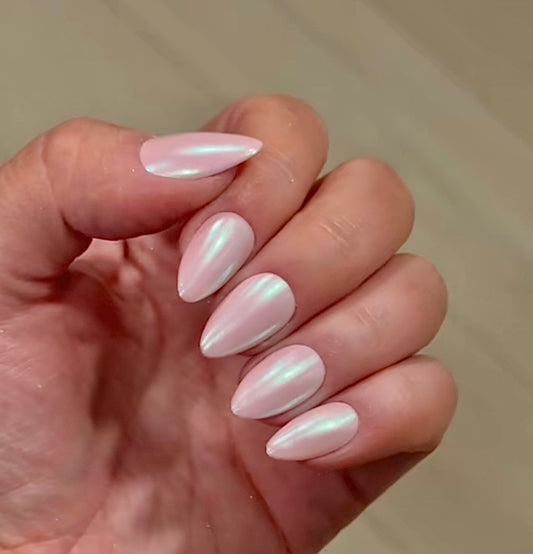 A soft blush chrome set featuring a luminous pearl finish and clean minimalist styling.